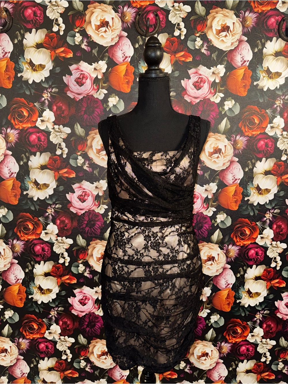 Express Black Lace Mini Dress with Nude Slip Lining, Size 8